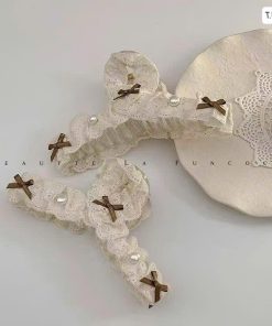 Kẹp Tóc Nơ Ren Chấm Bi Đính Ngọc Trai Bản To – Kẹp Càng Cua Phong Cách Hàn Quốc Thanh Lịch Tiểu Thư Xinh Xắn
