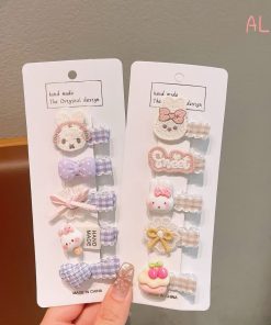Set 5 kẹp mái bọc vải – Thỏ, mèo, kitty đáng yêu – Phụ kiện tóc cho bé gái phong cách ngọt ngào