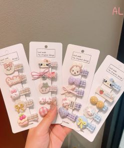 Set 5 kẹp mái bọc vải – Thỏ, mèo, kitty đáng yêu – Phụ kiện tóc cho bé gái phong cách ngọt ngào